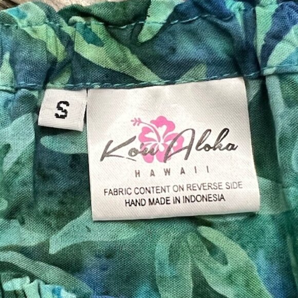 Kou Aloha Hawaiian Mini Dress Tropical Blue Green Flutter Sleeves - Picture 5 of 5